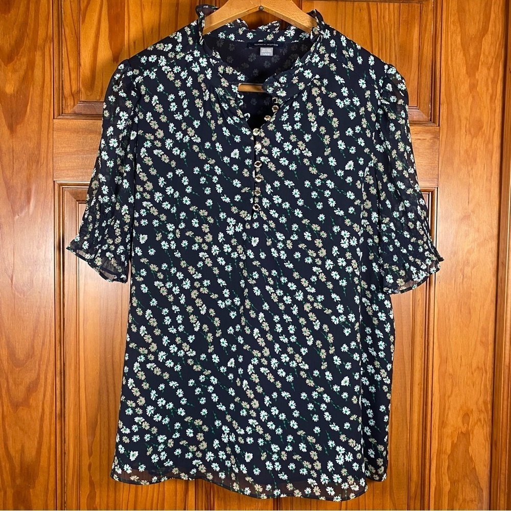 Tommy Hilfiger Navy Floral Lightweight Blouse with Ruffled Neckline and Buttons